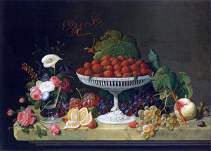  Severin Roesen Still Life with Strawberries and Goblet of Flowers - Art Print