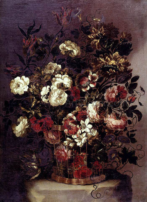  Gabriel De La Corte Still-Life of Flowers in a Woven Basket - Art Print