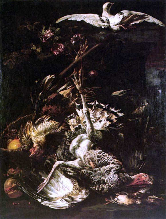  Baldassare De Caro Still-Life with Turkey, Fruit and Flying Pigeon - Art Print