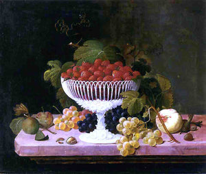  Severin Roesen Strawberries and Porcelain - Art Print