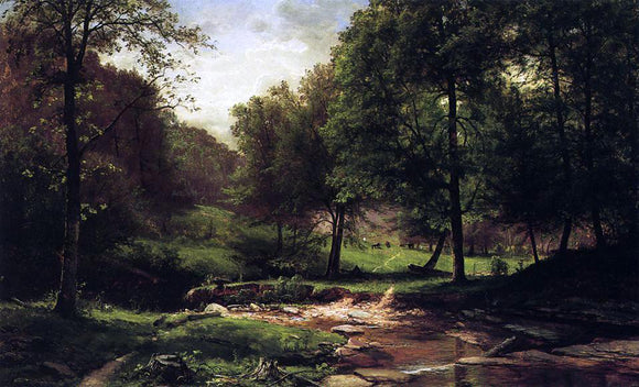  George Hetzel Stream with Field and Grazing Cattle - Art Print