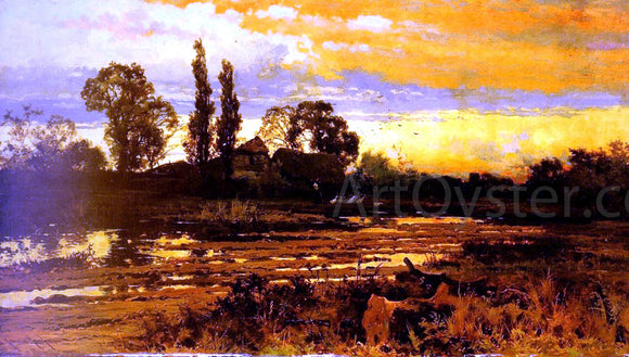  John Horace Hooper Sunset: a Figure feeding Geese in a Marsh Landscape - Art Print