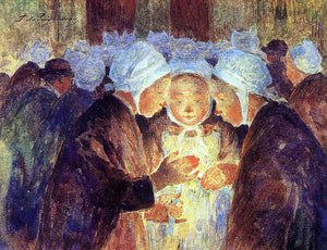  Ferdinand Du Puigaudeau Three Breton Girls Lighting their Candles Before the Procession - Art Print