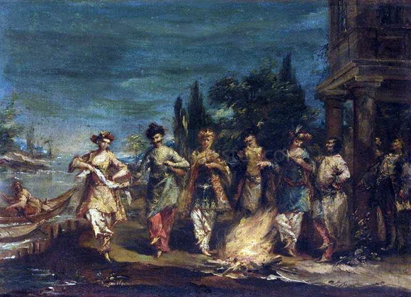  Giovanni Antonio Guardi Three Couples in Exotic Dress Dancing in Front of a Fire - Art Print