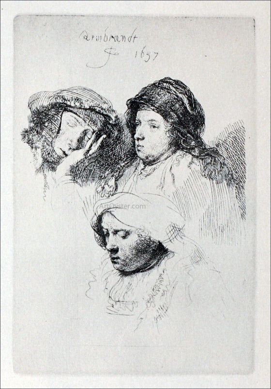  Rembrandt Van Rijn Three Heads of Women, One Asleep - Art Print
