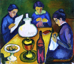 August Macke Three Women at the Table by the Lamp - Art Print
