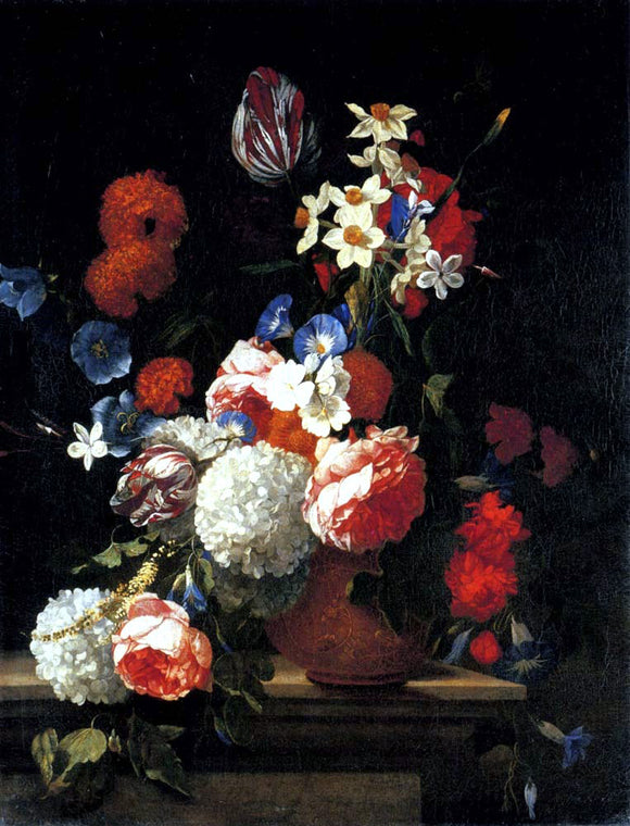  Hieronymus Tulips, Peonies, Morning Glory, Narcissi and other Flowers in a Decorated Vase on a Ledge - Art Print