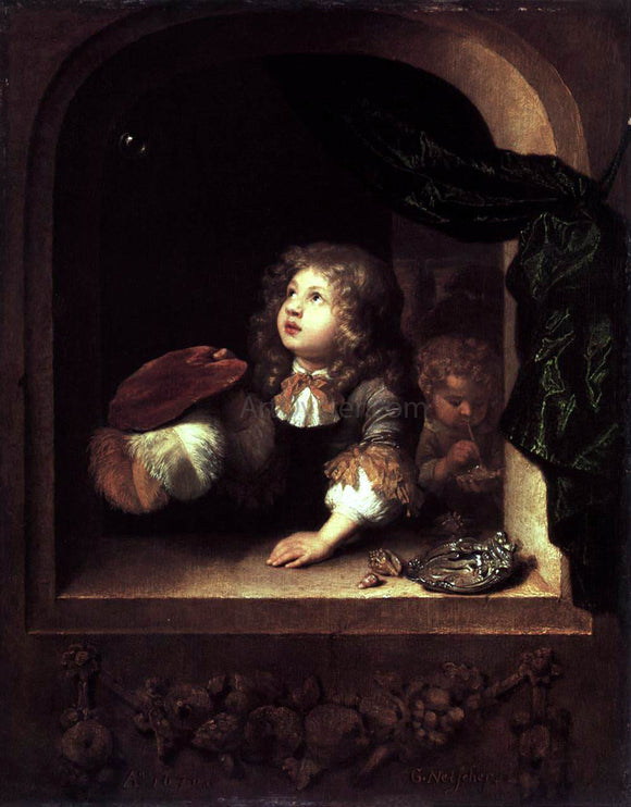  Caspar Netscher Two Boys Blowing Bubbles - Art Print