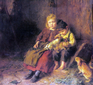  Felix Schlesinger Two Children Playing with Rabbits - Art Print