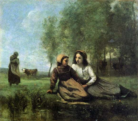  Jean-Baptiste-Camille Corot Two Cowherds in a Meadow by the Water - Art Print
