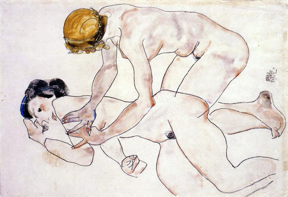 Egon Schiele Two Female Nudes, One Reclining, One Kneeling (also known as The Friends) - Art Print