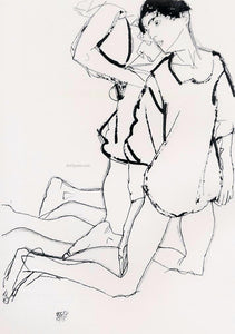  Egon Schiele Two Kneeling Figures (also known as Parallelogram) - Art Print