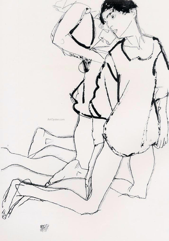  Egon Schiele Two Kneeling Figures (also known as Parallelogram) - Art Print