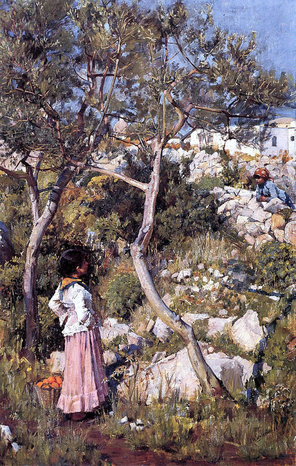  John William Waterhouse Two Little Italian Girls by a Village - Art Print