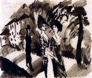  August Macke Two Women and an Man on an Avenue - Art Print