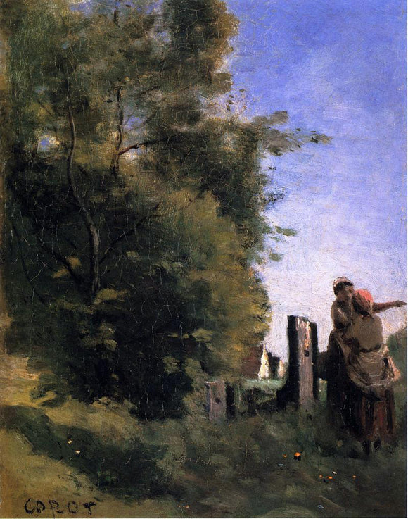  Jean-Baptiste-Camille Corot Two Women Talking by a Gate - Art Print