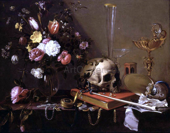  Adriaen Van Utrecht Vanitas Still-Life with a Bouquet and a Skull - Art Print