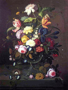  Severin Roesen Vase of Flowers in Footed Glass Bowl with Bird's Nest - Art Print