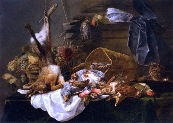  Jan Fyt Venison and Basket of Grapes Watched by a Cat - Art Print