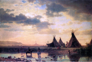  Albert Bierstadt View of Chimney Rock, Ogalillalh Sioux Village in Foreground - Art Print