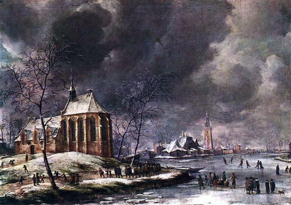  Jan Abrahamsz Beerstraten Village of Nieukoop in Winter with Child Funeral - Art Print