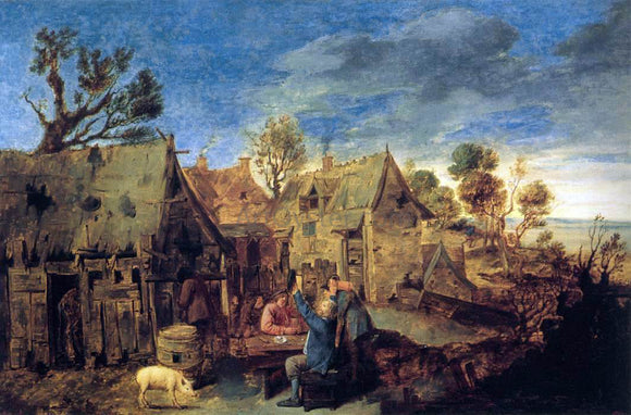  Adriaen Brouwer Village Scene with Men Drinking - Art Print