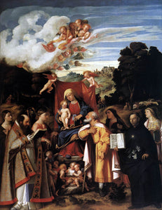  Giovanni Cariani Virgin Enthroned with Angels and Saints - Art Print