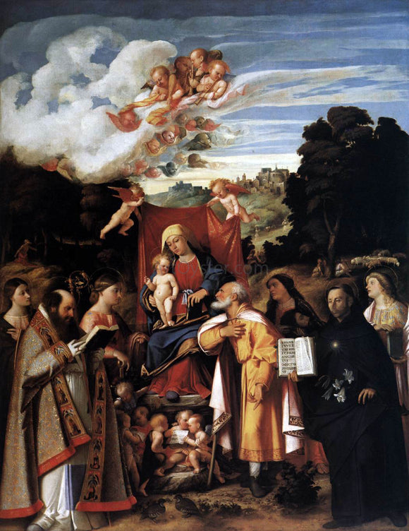  Giovanni Cariani Virgin Enthroned with Angels and Saints - Art Print
