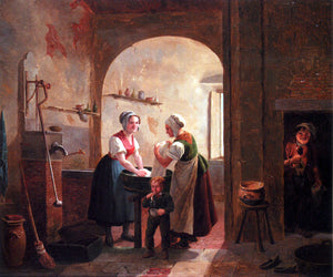  Constantin Fidele Coene Washerwomen In A Sunlit Basement With A Young Boy Blowing Bubbles - Art Print