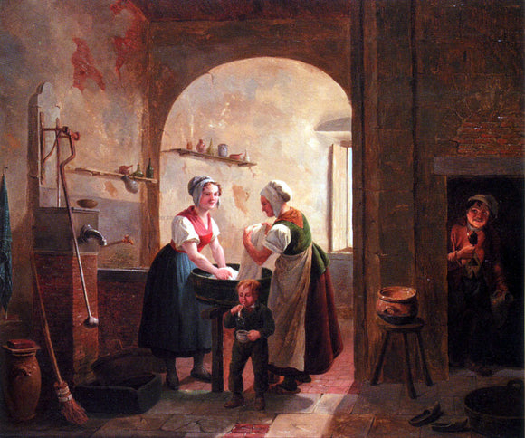  Constantin Fidele Coene Washerwomen In A Sunlit Basement With A Young Boy Blowing Bubbles - Art Print