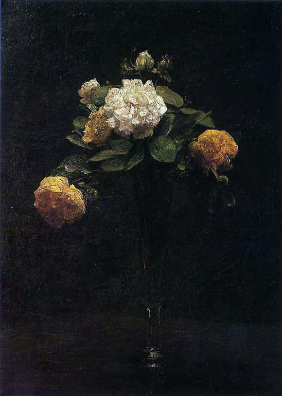  Henri Fantin-Latour White and Yellow Roses in a Tall Vase - Art Print