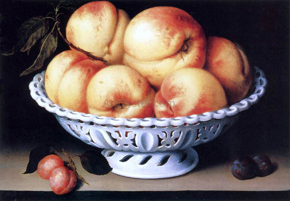  Fede Galizia White Ceramic Bowl with Peaches and Red and Blue Plums - Art Print