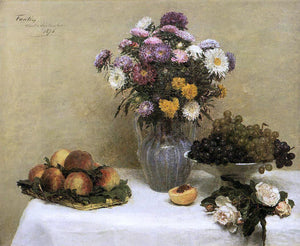  Henri Fantin-Latour White Roses, Chrysanthemums in a Vase, Peaches and Grapes on a Table with a White Tablecloth - Art Print