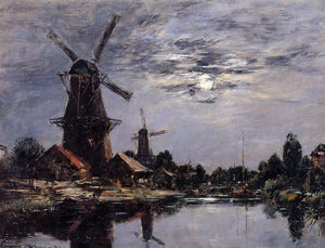  Eugene-Louis Boudin Windmills and Canel near Dordrecht - Art Print