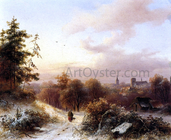 Alexander Joseph Daiwaille Winter: A Peasant on a Path in a Wooded Landscape, a Town in the Background - Art Print