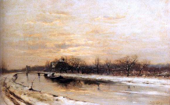  Louis Apol Winter: An Orchard Alongside A Canal With A Farmhouse In The Distance At Dusk - Art Print