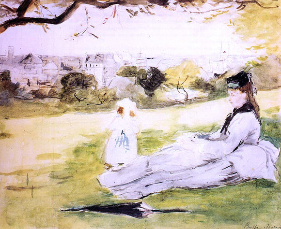  Berthe Morisot Woman and Child Seated in a Meadow - Art Print