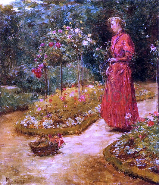  Frederick Childe Hassam Woman Cutting Roses in a Garden - Art Print