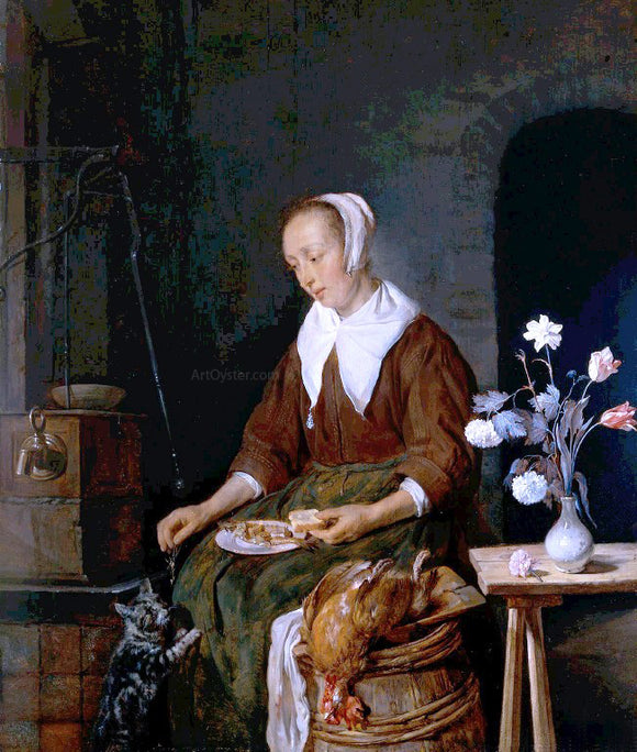  Gabriel Metsu Woman Eating and Feeding her Cat - Art Print