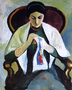  August Macke Woman Embroidering in an Armchair: Portrait of the Artist's Wife - Art Print
