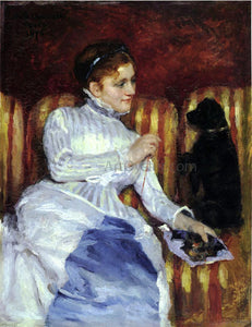  Mary Cassatt Woman on a Striped with a Dog (also known as Young Woman on a Striped Sofa with Her Dog) - Art Print