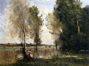  Jean-Baptiste-Camille Corot Woman Picking Flowers in a Pasture - Art Print