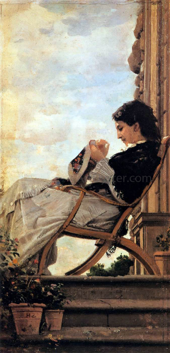  Cristiano Banti Woman Sewing on the Terrace - Art Print
