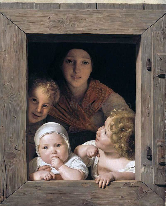  Ferdinand Georg Waldmuller Young Peasant Woman with Three Children at the Window - Art Print