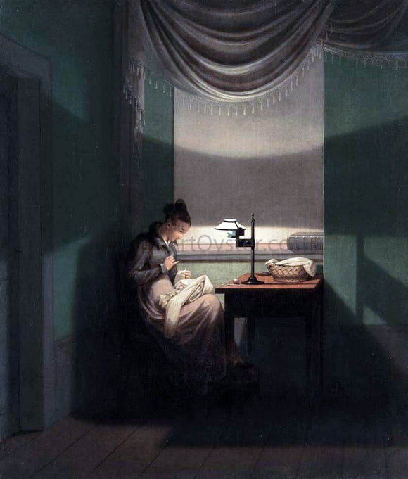  Georg Friedrich Kersting Young Woman Sewing by the Light of a Lamp - Art Print