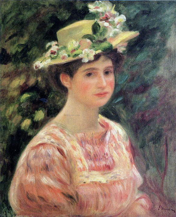  Pierre Auguste Renoir Young Woman Wearing a Hat with Wild Roses - Art Print